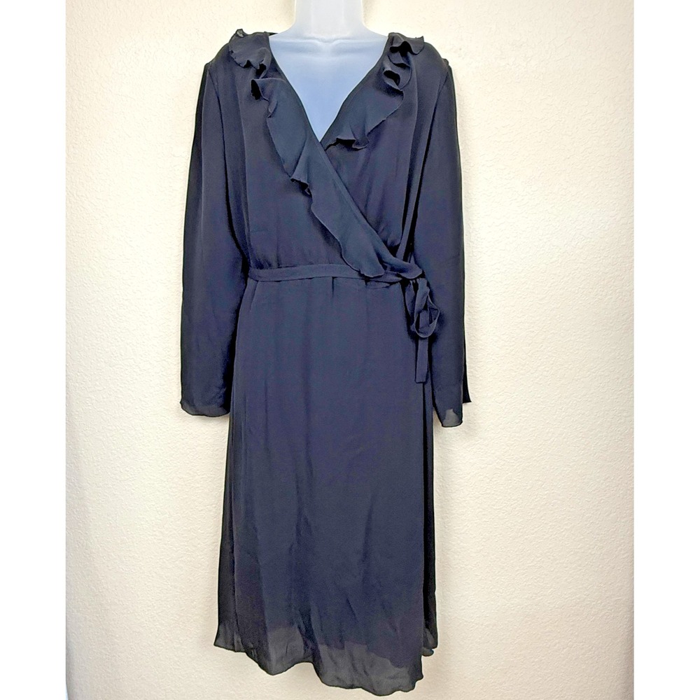 Isabella Bird 100% Silk Black Faux Wrap Midi Dress Ruffle Tie Waist Y2K Sz 14